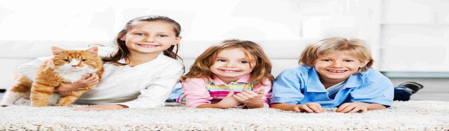 tres niños junto a su gato sonriendo